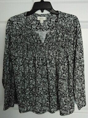 Style & Co. Black and White Floral Smocked Long Sleeve Blouse